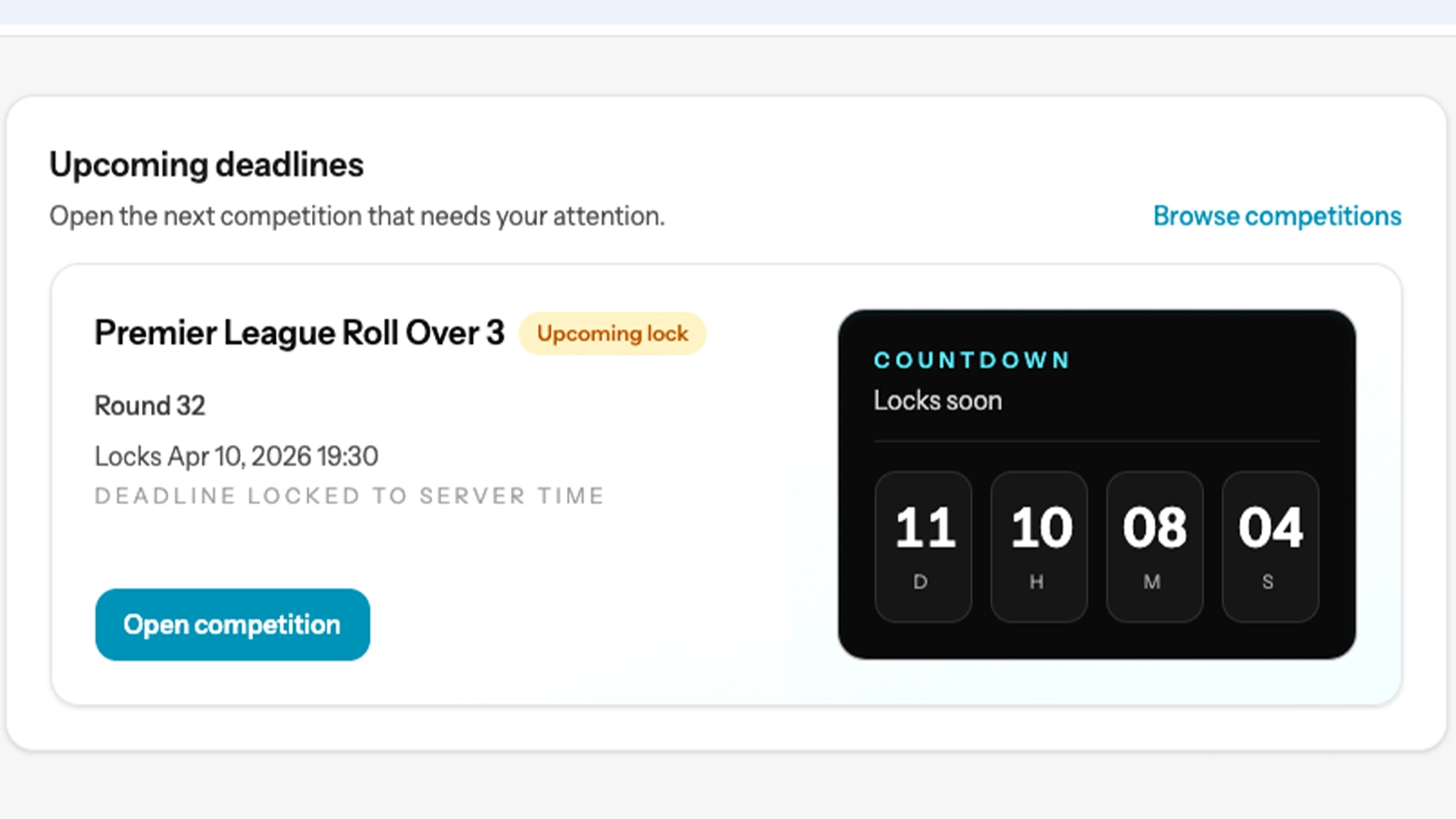 Player dashboard showing an upcoming competition deadline with countdown and quick access to open the competition.