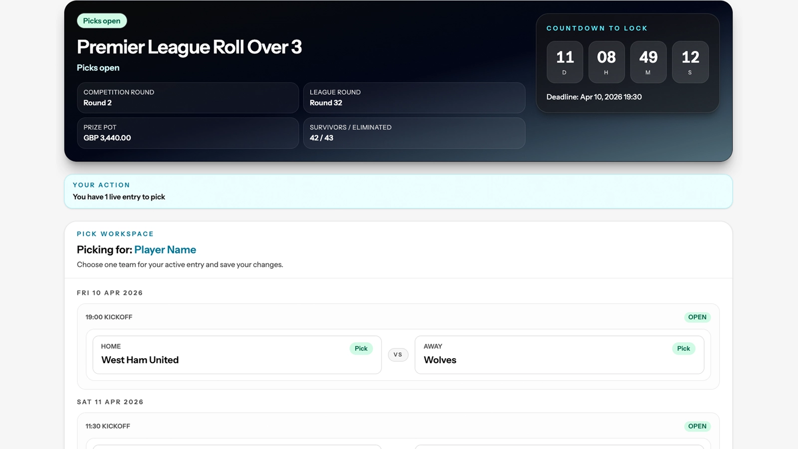 Player pick workspace showing upcoming fixtures, pick actions, and a countdown to lock.