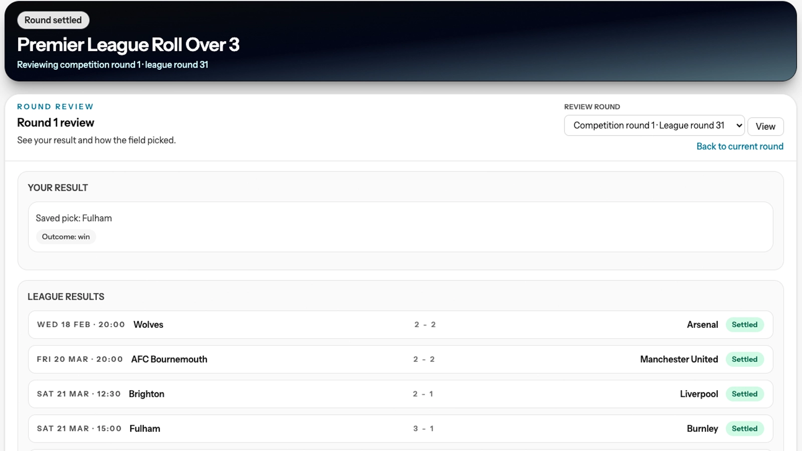 Round review screen showing the player result summary and settled fixture results.